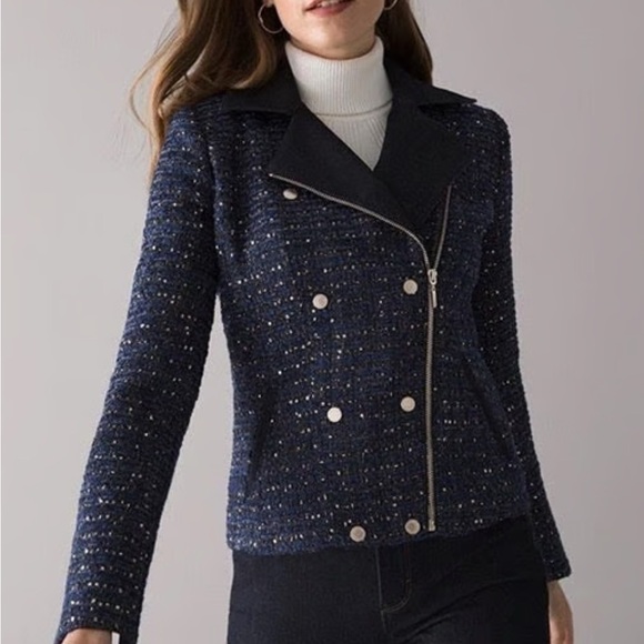 White House Black Market Jackets & Blazers - White House Black Market Women’s 14P Petite Lurex Tweed Moto Jacket – Navy Blue